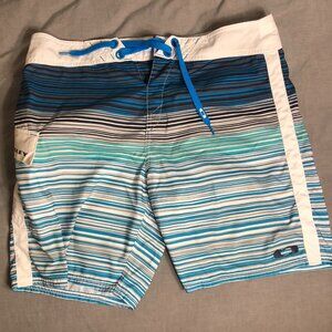 Oakley Board Shorts Men's Size 36 Blue Striped Swim Trunks Swimwear Surf Logo
